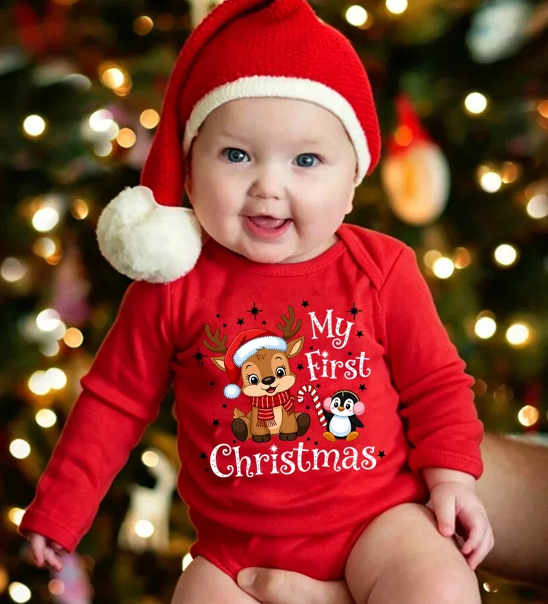My First Christmas Baby Bodysuit Long Sleeve Red Infant Jumpsuit Cute Reindeer Penguin Print Newborn Onesie Xmas Baby Outfit