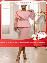 Customized Stylish Pink Church Party Dress For Women O Neck Long Flare Sleeve Sequined Patchwork Ruffle Wedding Guest Birthday D