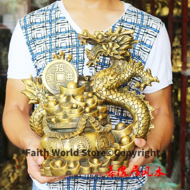 Large company shop home efficacious Mascot Talisman Protection bring wealth fortune Dragon GOLD CHINESE FENG SHUI Brass statue