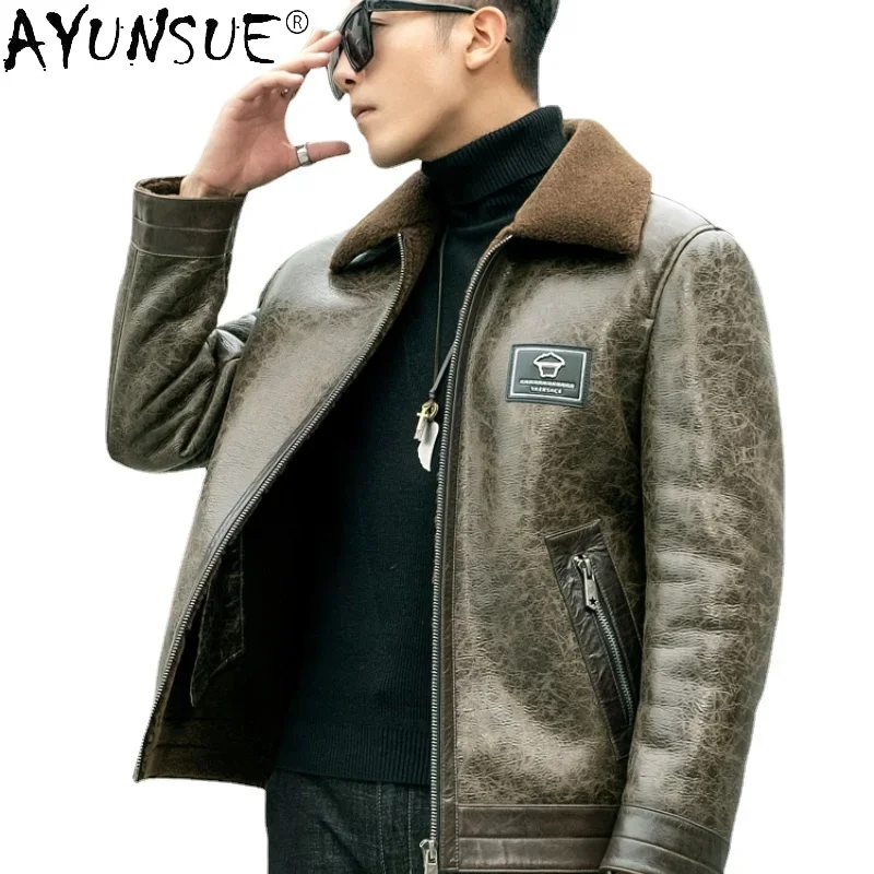 AYUNSUE Winter Coat for Men Oil-wax Cowhide Leather Jacket Men Coat Natural Lambswool Fur Coat Male Casaco De Pele Masculino