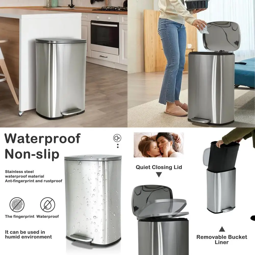 

13 gallon tall stainless steel kitchen trash can with lid, foot pedal, and inner bucket - fingerprint resistant