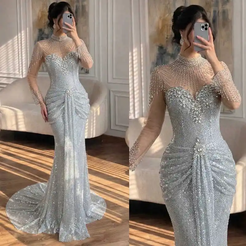 Luxury Evening Dresses Long Sleeve High Collar Beading Crystal Sequins Floor Length Formal Party Gown Prom Dresses Customized