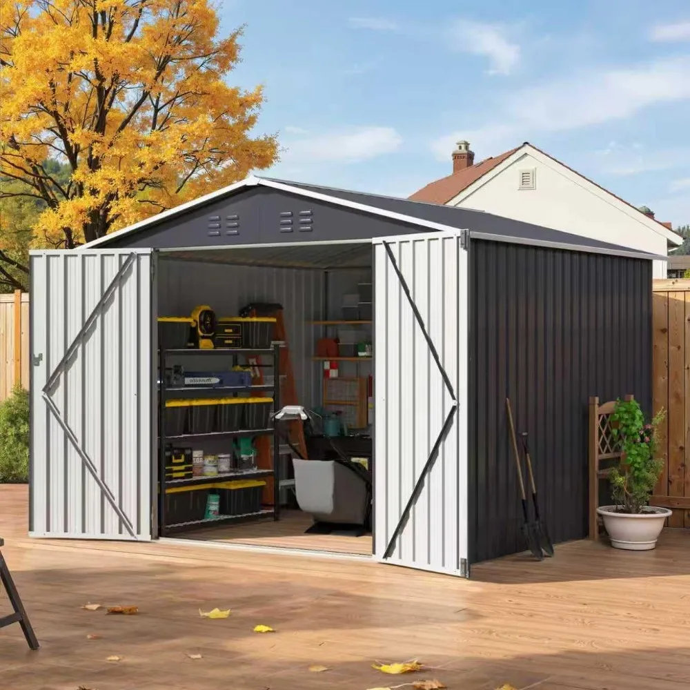 

Сарай для хранения на открытом воздухе 8x8 футов, металлический сарай для хранения инструментов с запираемыми дверцами и обновленной структурой рамы, большой металлический садовый сарай