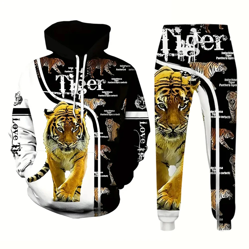 Vintage poderoso tigre 3d impresso agasalho masculino de duas peças jumper moda masculina outono/inverno casual mais moletom de rua