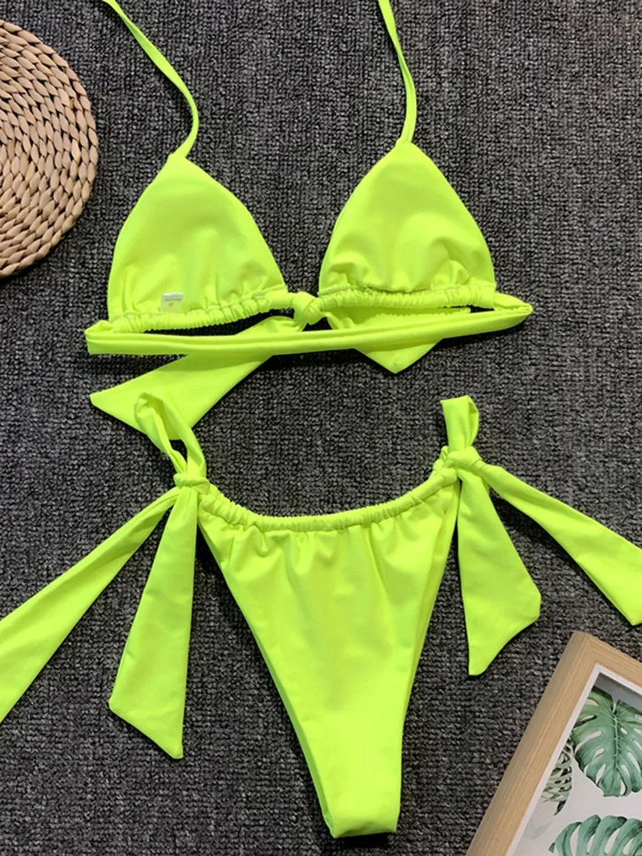 Neon zielony wiązane Halter Bikini damski strój kąpielowy kobiety stroje kąpielowe dwuczęściowy zestaw Bikini Sexy kąpiel Halter strój kąpielowy