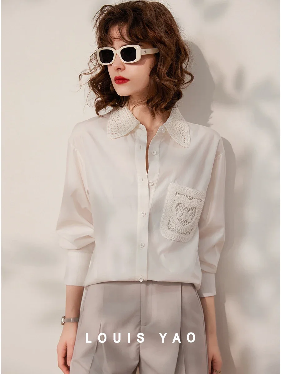 LOUIS YAO Women Shirt 2024 Spring Hollow Out Lace Blouses Turn Down Collar Long Sleeve Elegant Casual Loose White Shirt