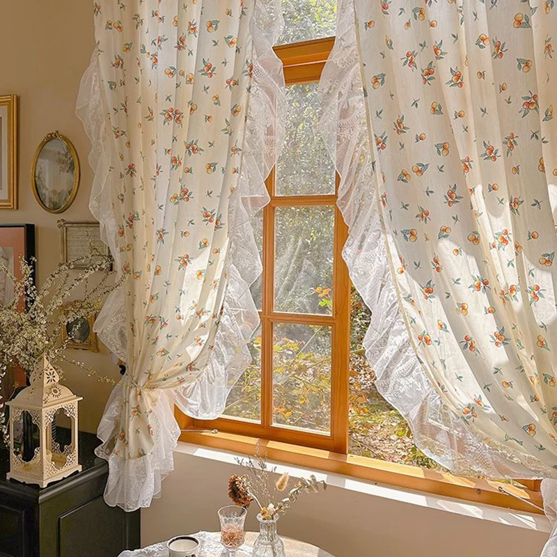 170*180 Idyllic French Fruit Door Curtains Cloth for Living Room Cotton and Linen Warp Ruffled Lace Curtains for Kitchen #A423