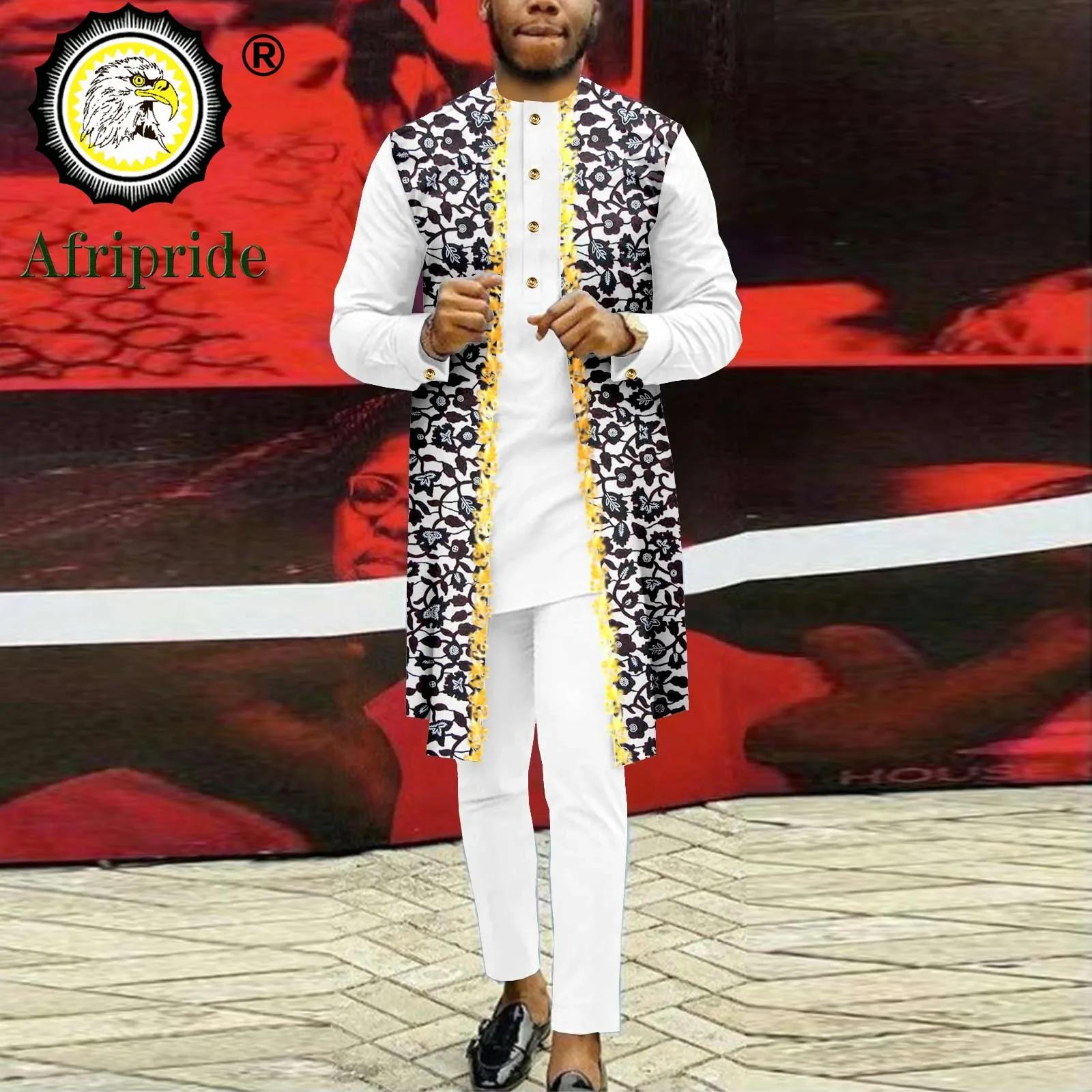 African Clothing for Men Single Breasted Embroidery Shirts and Pants 2 Piece Set Print Outfits for Party Wedding A2416013