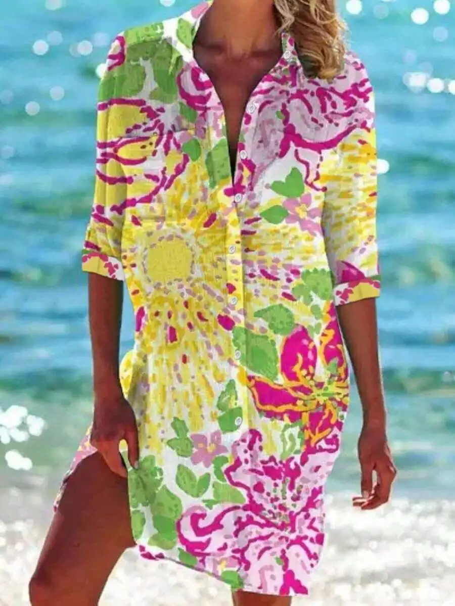 

Womens Single-Breasted Tropical Floral Print Beach Cover-Up Summer Vacation Dress