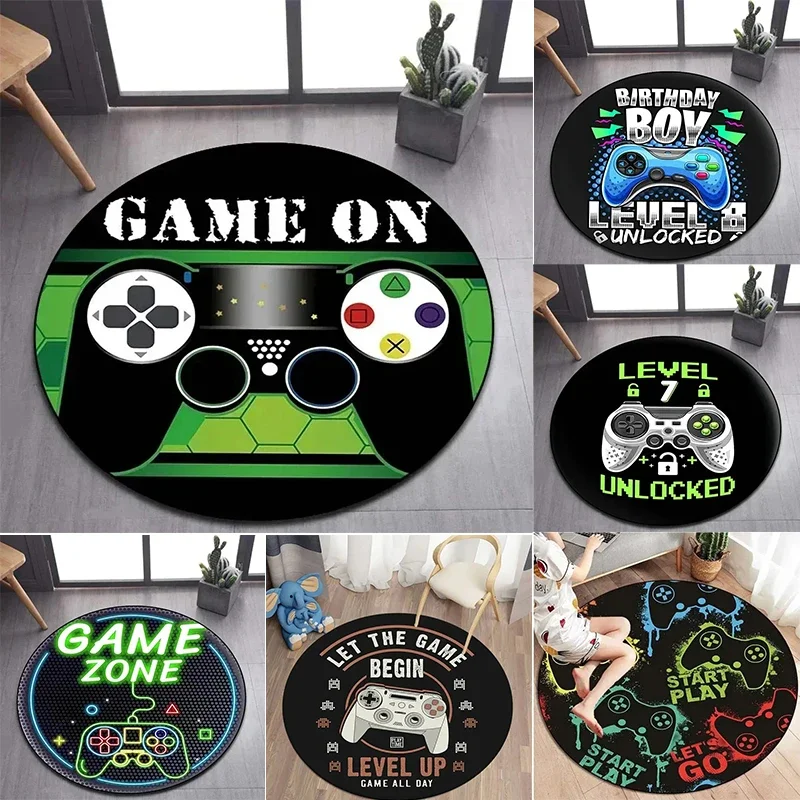 Gaming Round Area Rug with Controller Patterns Neon Elements and Text Designs Floor Mat for Game Room Home Decor
