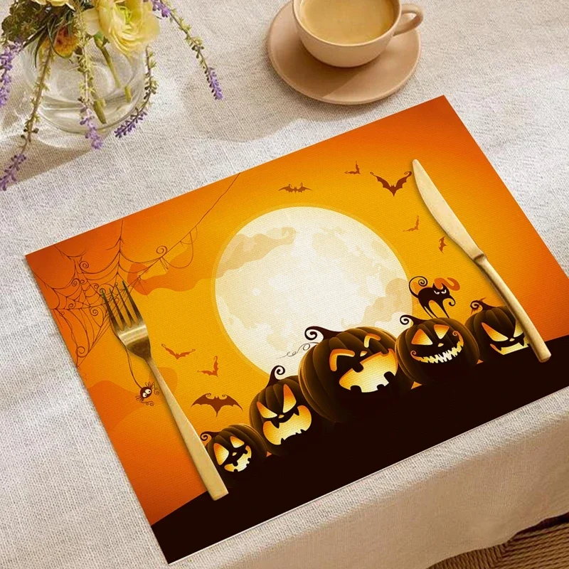 45x32cm Halloween Table Placemats Linen Bat Pumpkin Spider Web Pattern Ghost Festival Theme Table Mat Dining Table Decor