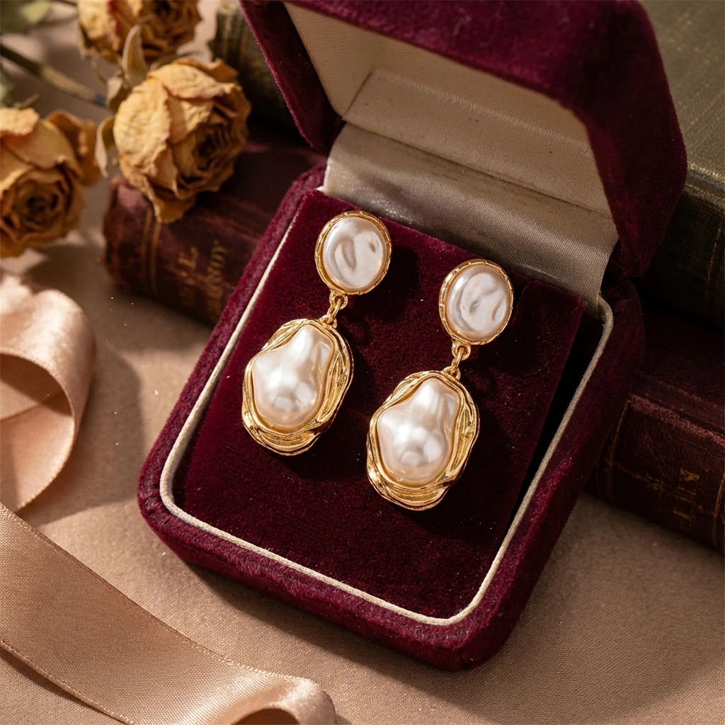 Vintage Barock Imitationsperlen Tropfen-Ohrringe für Frauen Goldfarben Unregelmäßige Geometrische Hängeohrringe Hochzeitsschmuck Geschenk – Detail 6