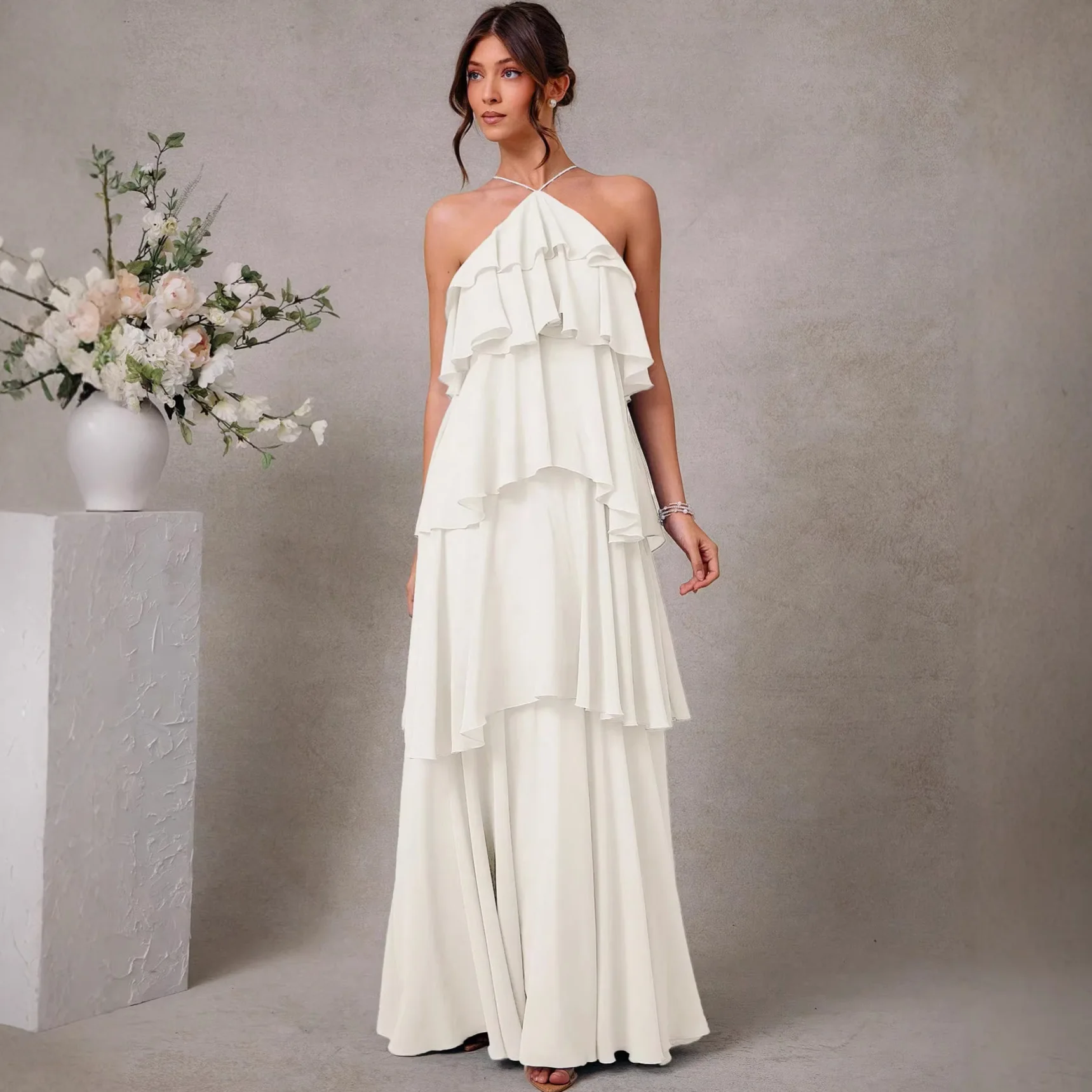 

Spring Summer Holiday Vacation Beach Long Dress For Women Halter Backless Sleeveless Cake Dress Cocktail Party Maxi Dress