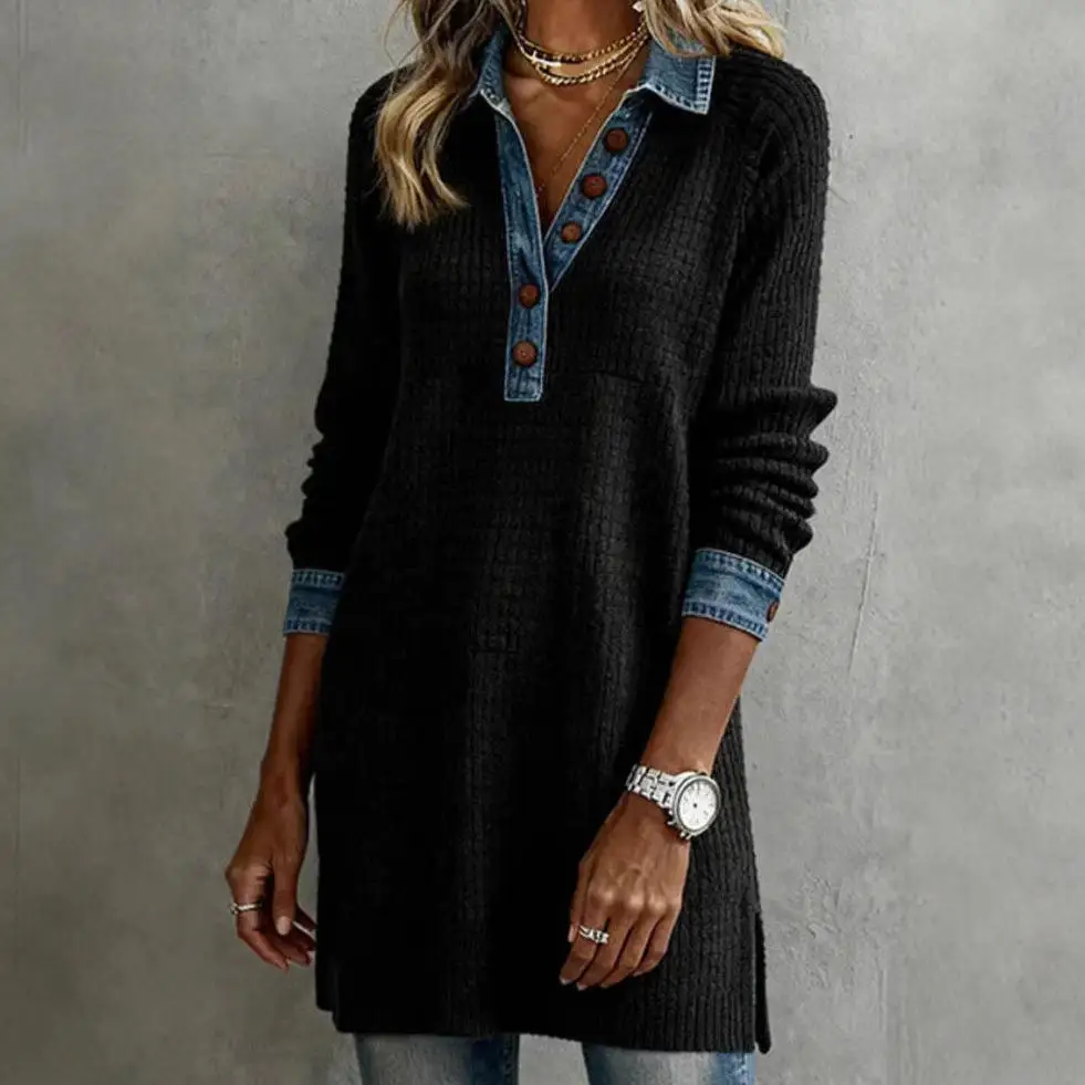 2025 outono nova estação independente botão para baixo denim retalhos longo gola sve dr cintura alta saia irregular casual sle