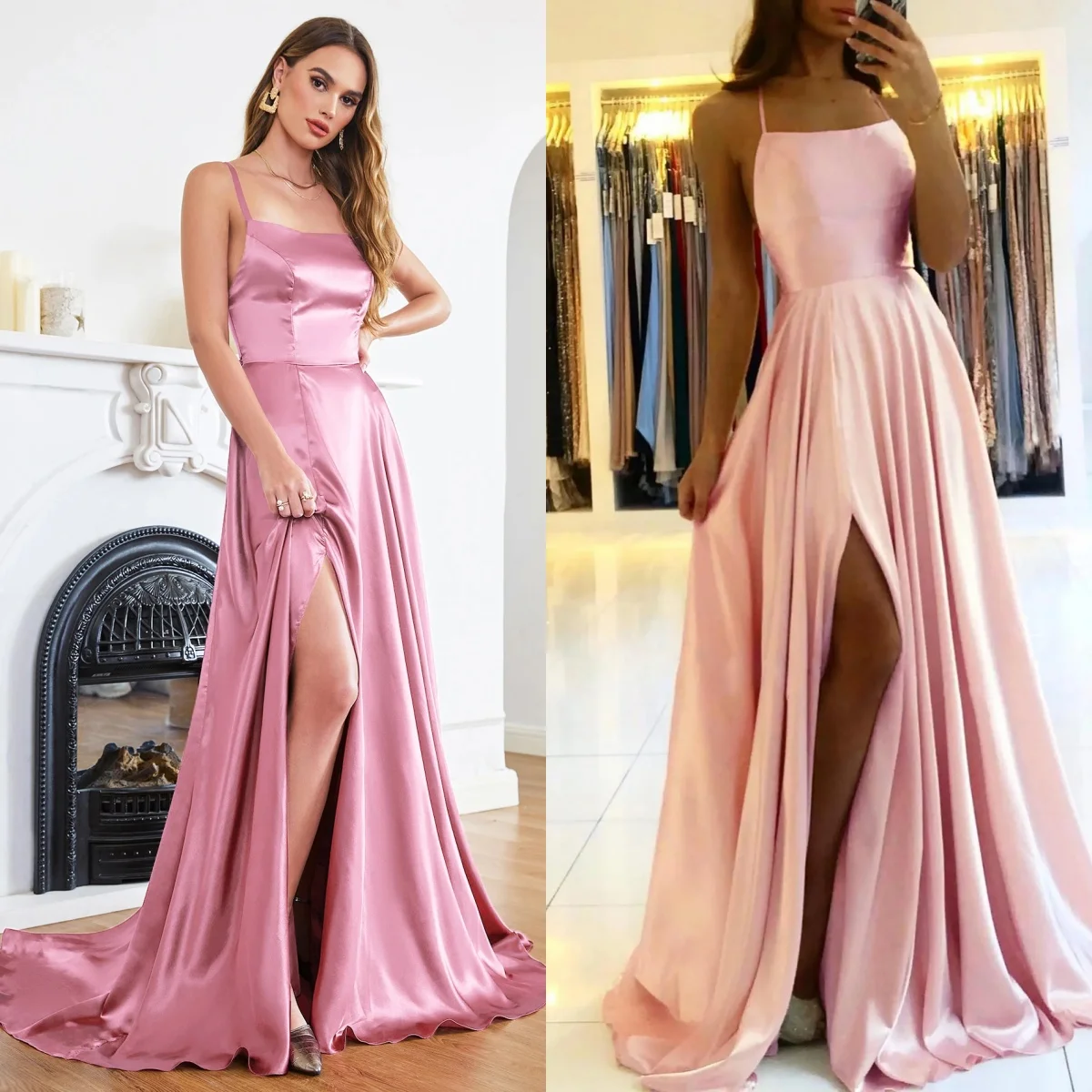 Women Elegant Spaghetti Straps Satin Prom Dresses With Slit Sexy Backless Halter Neck A Line Party Evening Party Gown Zipper