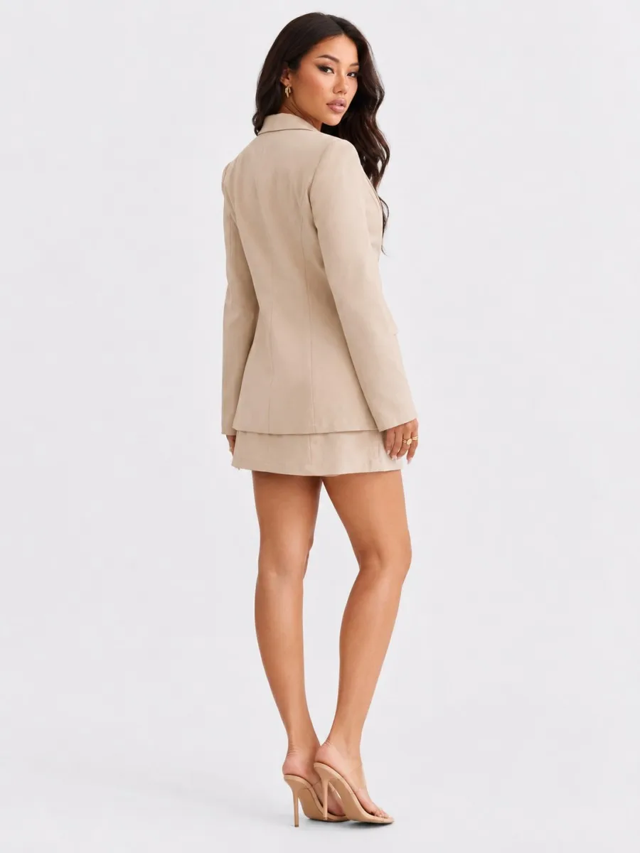 Women's Light Beige Blazer & Mini Dress 2 Piece Set Bodycon Suit Co-ord Outfit