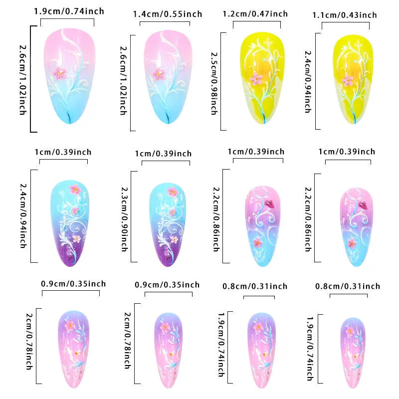 24pcs Macaroon สีอัลมอนด์เล็บปลอม Gradient สายรุ้งดอกไม้รูปแบบพิมพ์กดบนเล็บหวานเกาหลีสไตล์เล็บปลอมเคล็ดลับ