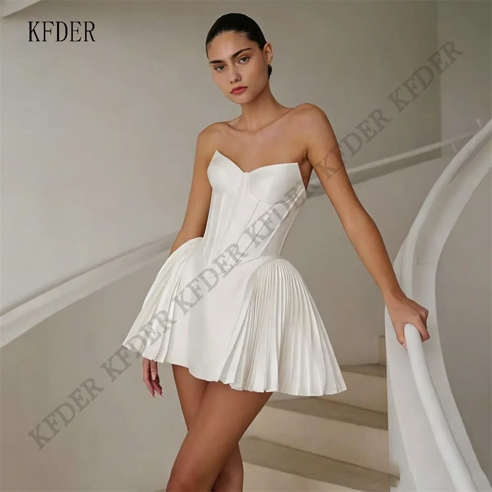 

Elegant Wedding Dress Sweetheart Sleeveless A-Line Mini Length Satin Pleated Bride Party Bridal Reception Gown Customized