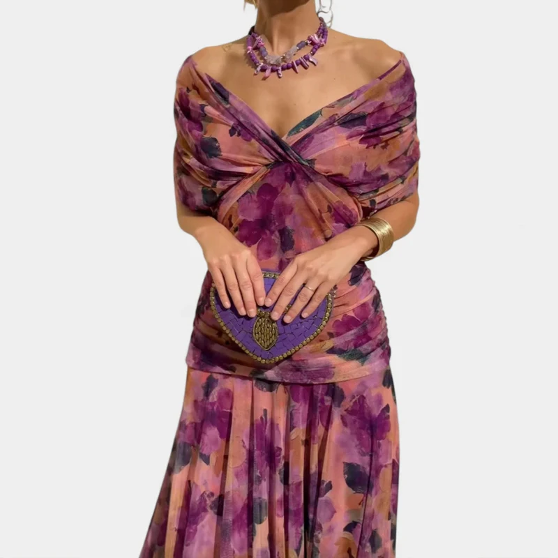 2025 Floral Print High Waist Pleat Party Dress Elegant Women Bat Sleeve Swing Party Dress Female Chest Low Cocktail A-Line Dress image 6