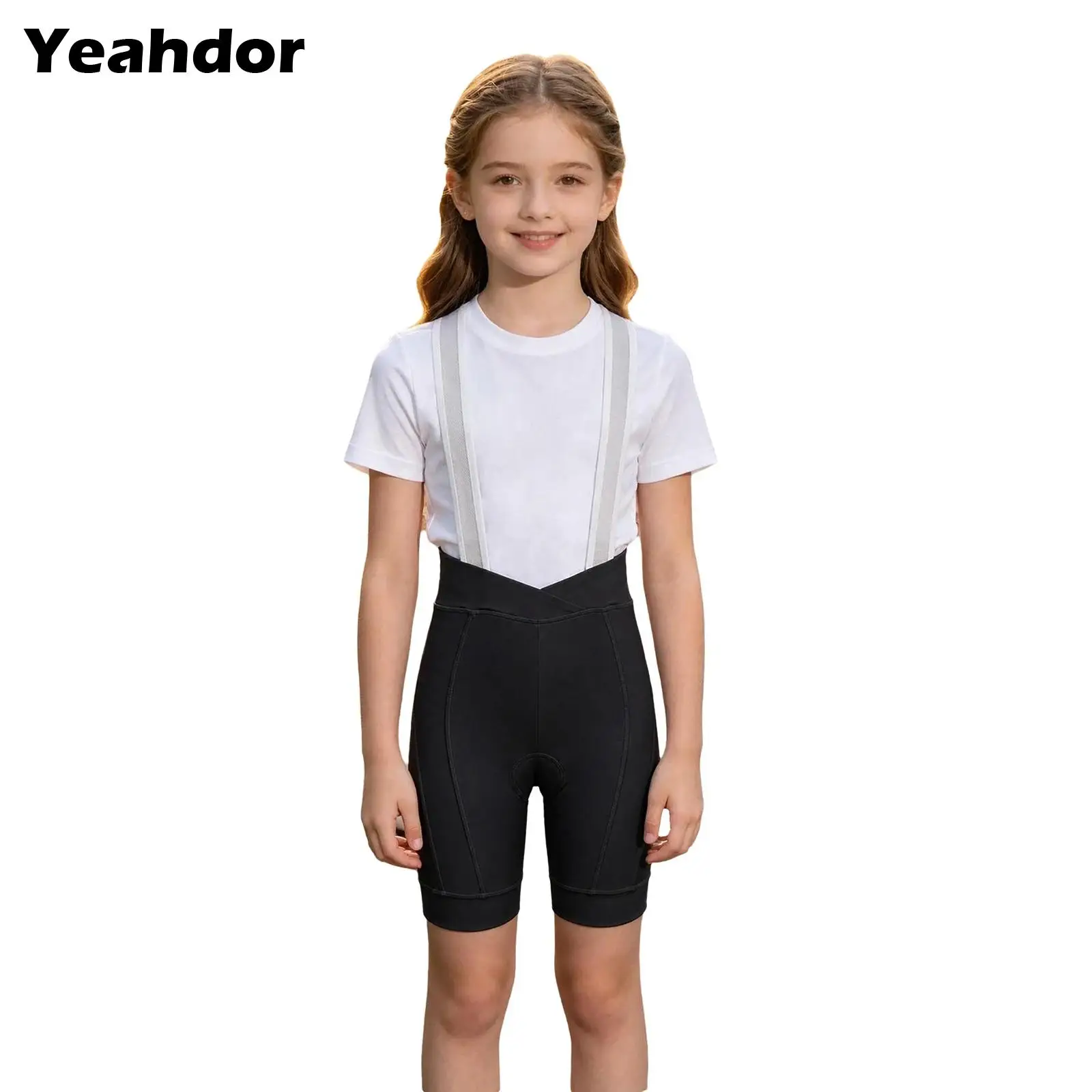 Kids Girls One Piece Cycling Bib Shorts High Waist V-front Bike Shorts with Mesh Straps Biking Training Trousers