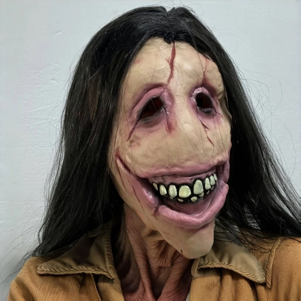 Adulto peruca longa máscara facial de borracha feio zumbi sangrento diabo halloween assustado máscara para cosplay festa acessório