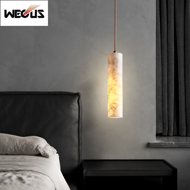 WECUS Nueva lámpara colgante de lujo de tubo recto de mármol crema para comedor, bar y dormitorio, mesita de noche, iluminación ambiental artística de piedra de nube