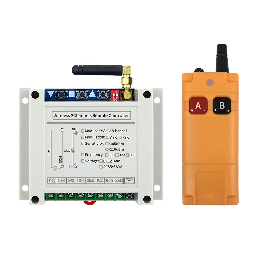 Wide Voltage 380V AC220-380V 433MHz 30A Relay RF Remote Control Switch Set Industrial Learning Mode For Motor Hoist Overhead
