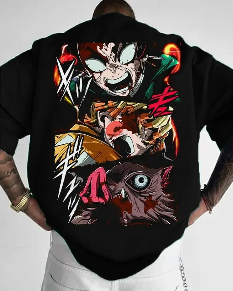 2026 Sommer Neu Demon Slayer Tanjiro & Zenitsu Herren T-Shirt Intensiver Kampf Baumwolle Oversized Atmungsaktives Freizeit-Kurzarmshirt