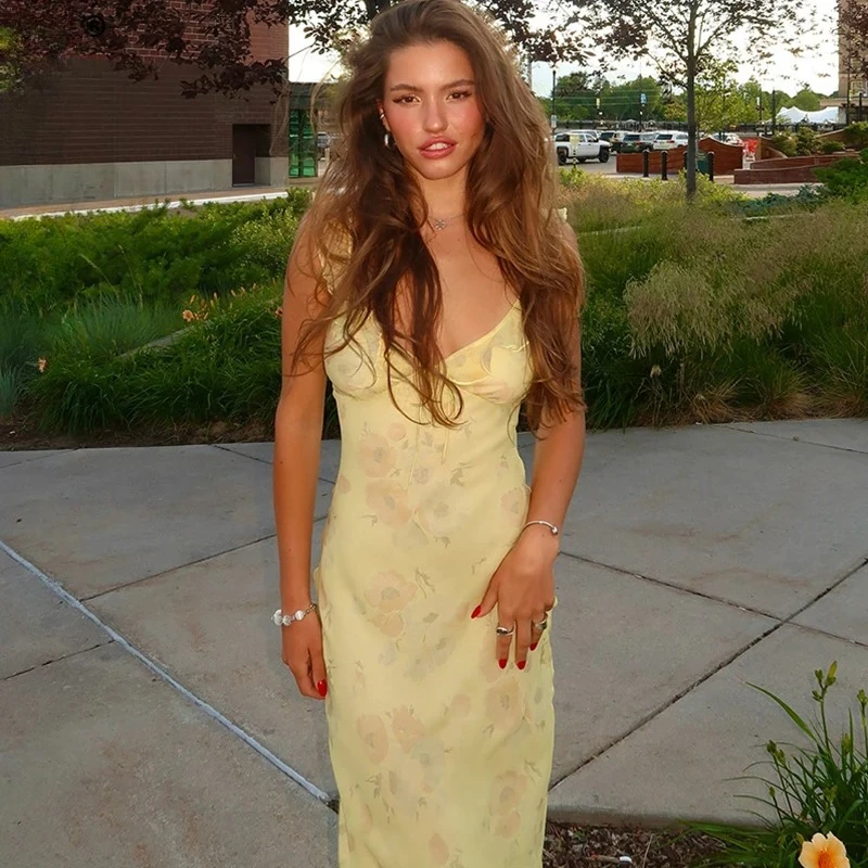

2025 Fashion Summer Floral Print Plunge Maxi Dress Outfits Sexy Backless Fairy Sun Dresses Vacation Beachwear Vestido Comfort