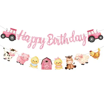 Rosa bondgårdsdjur tema grattis på födelsedagen bokstäver banderoll dra flagga barnens dag babyshower dekoration lada väderkvarn djur 6 best sales Happy birthday animals - №5