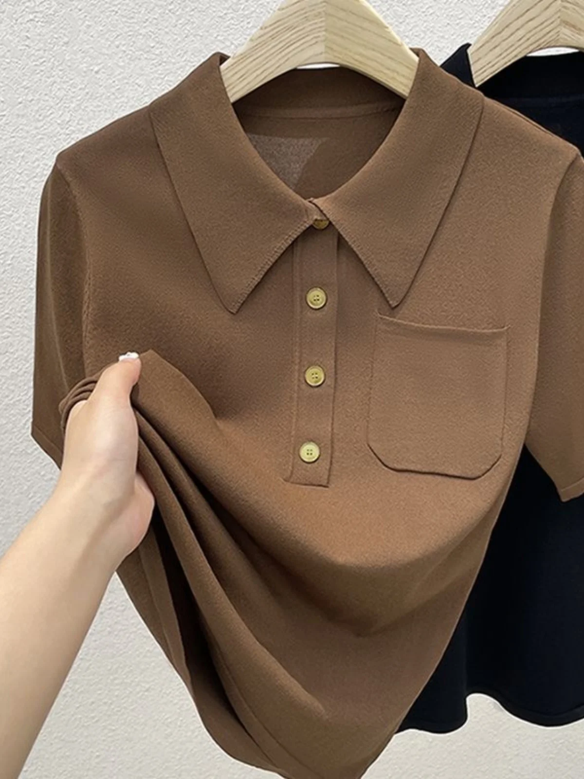 Ice Silk Neck Short Sleeve T-Shirt Women's Summer Fashion Knitted Top with Pocket Trendy Casual Wear for Young Women