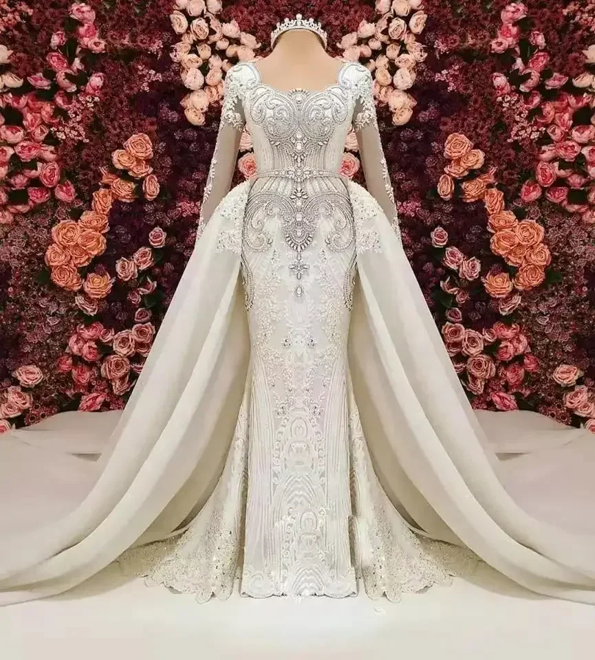 تخصيص جديد حورية البحر فساتين الزفاف طويلة الأكمام الدانتيل الأفريقي الدانتيل زين مطرز بلورات انفصال قطار الزفاف الزفاف D