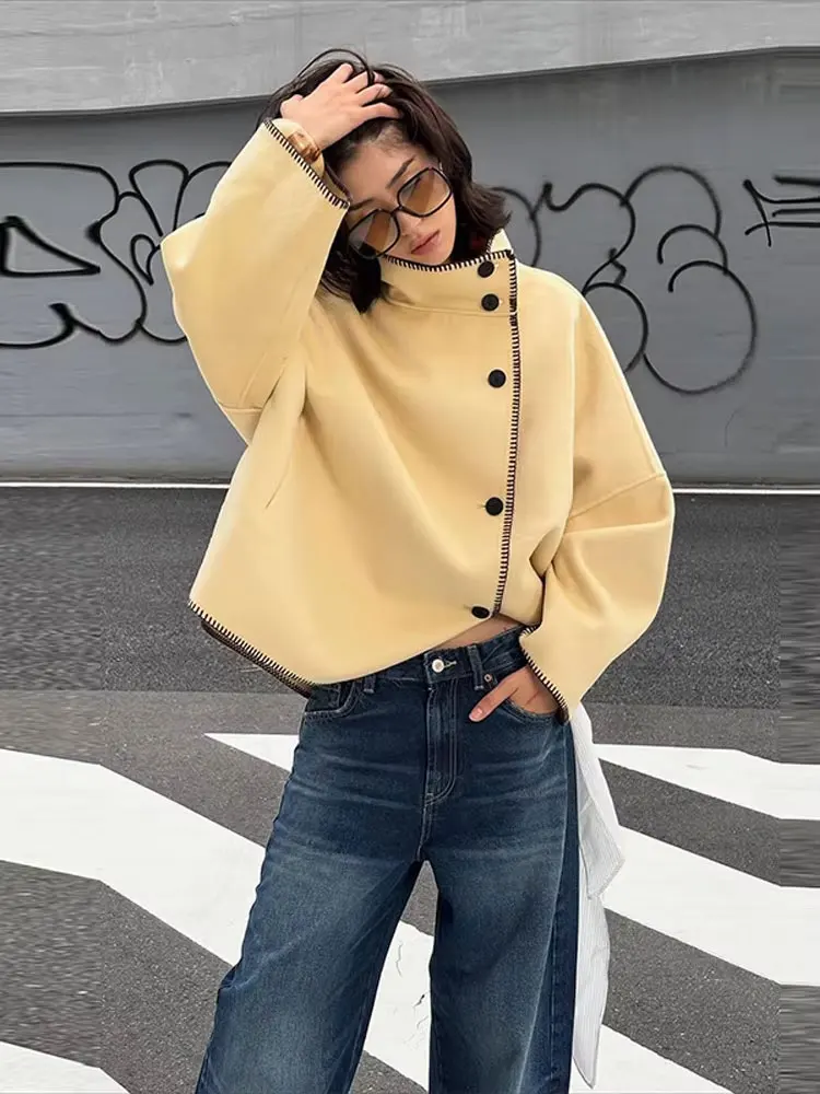 

HH осенние женские модные контрастные пальто, свободные повседневные куртки больших размеров, водолазка, куртка с длинными рукавами, уличная женская верхняя одежда