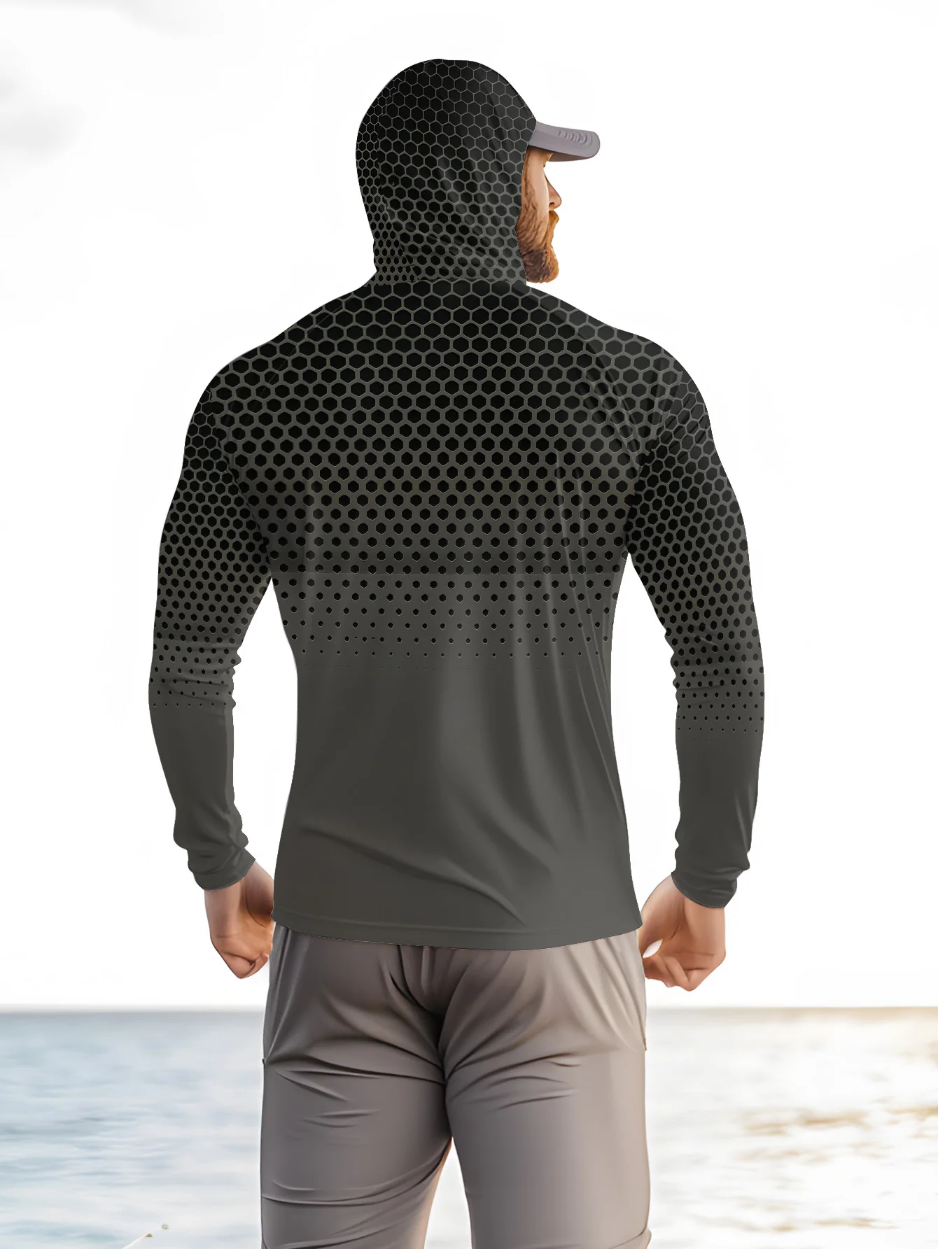 Grey Gradient Honeycomb Men Fishing Hooded Shirt Built‑in Face Cover UPF50+ Sun Protection Quick‑Dry Long Sleeve Outdoor Tops view 3