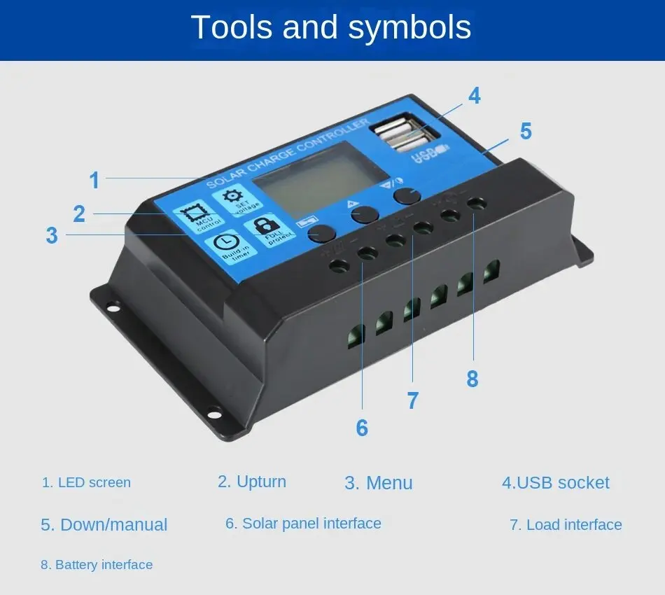 Controlador de carga Solar PWM, pantalla LCD de 12V y 24V, salida USB Dual de 5V, regulador de batería de Panel Solar 10A 20A 30A 40A 50A 60A