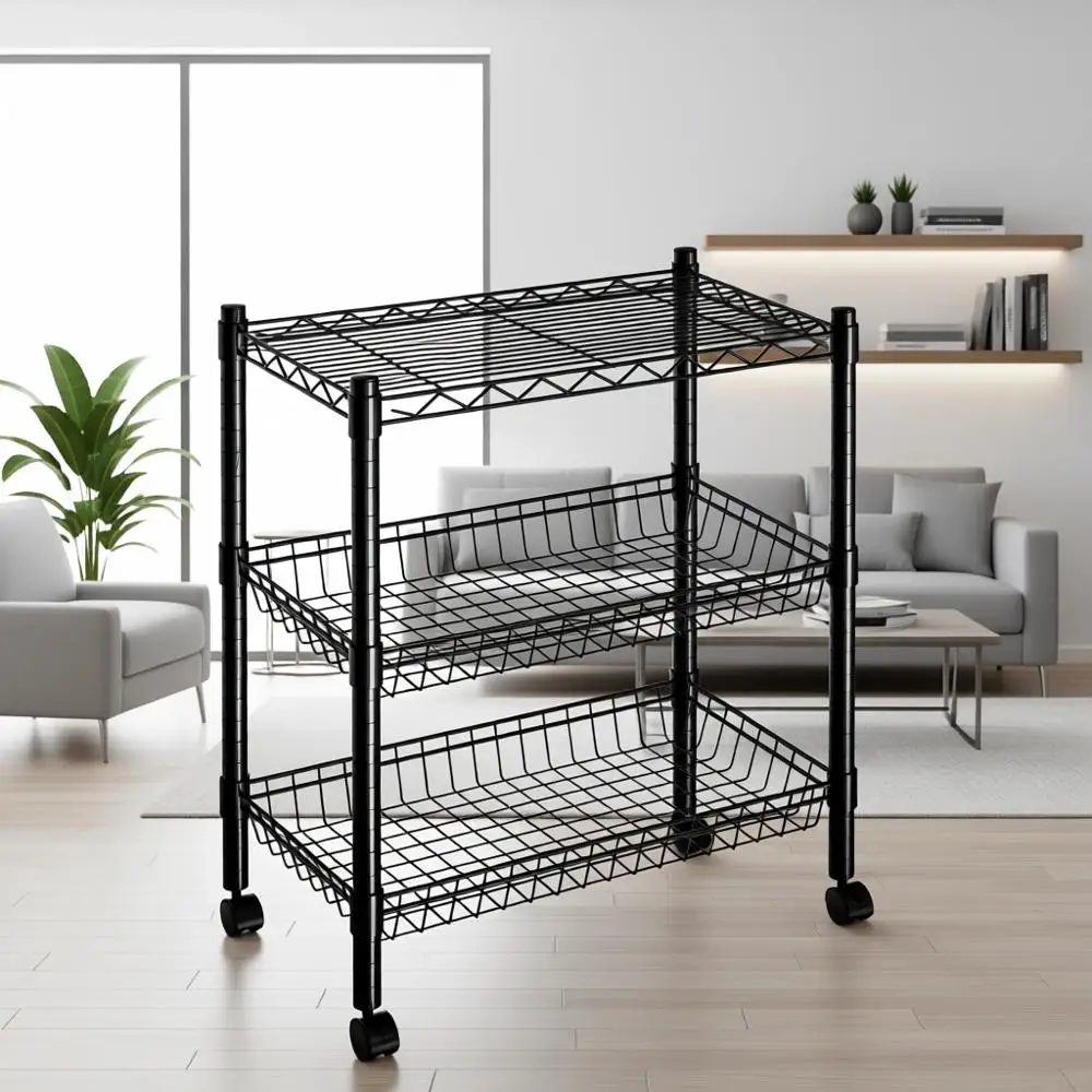 

3-Tier Rolling Wire Basket Storage Trolley for Kitchen, Black (23.23 L x 13.11 W x 32.28 H)