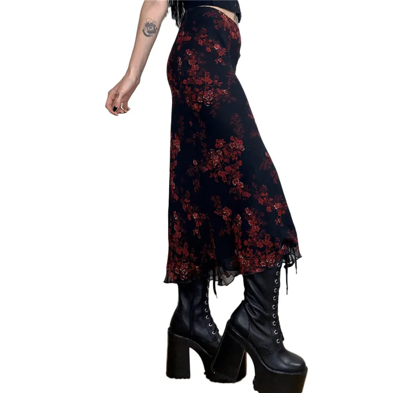 Women Gothic Long Skirt Spring Autumn y2k Vintage Elegant Flower Skirt for Casual Daily Dating fairy grunge goth harajuku