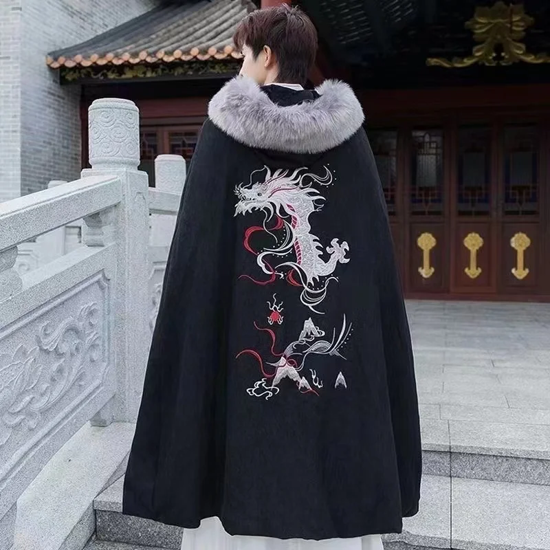 Autumn Winter Mighty Dragon Cloak Men's Thicken Embroidery Ancient Costume Film Martial Arts Cosplay Boys Outfits Outer Wear