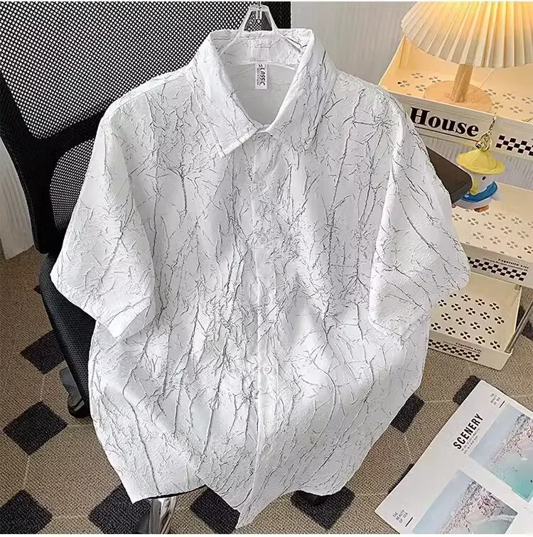 

Fashion Casual Textured Jacquard Short-Sleeve Shirt for Men, Lightweight Luxury Style, Ice Silk Cool Fabric, Loose Half-Sleeve