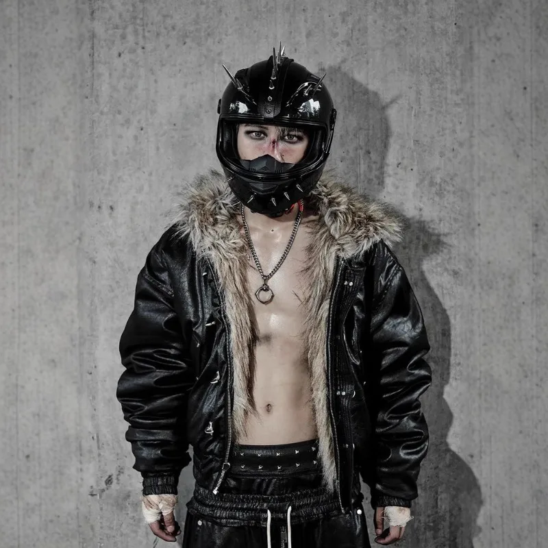 Gothic Airplane Buckle Double-sided Hooded Jacket Men American Y2k Streetwear Autumn Winter Thick Warm PU Leather Jacket Coat