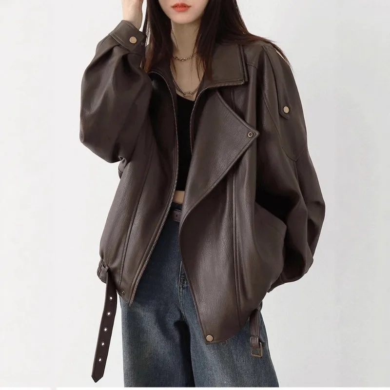 2026 Spring Autumn PU Faux Leather Solid Retro Stand Up Collar Motorcycle  PU Jacket Top Trend Motorcycle Coat Women Top