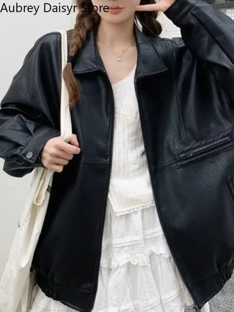 Preto vintage longo jaqueta de couro feminino punk motobiker zíper jaqueta de couro verão alta rua solta causal jaqueta de couro 2025