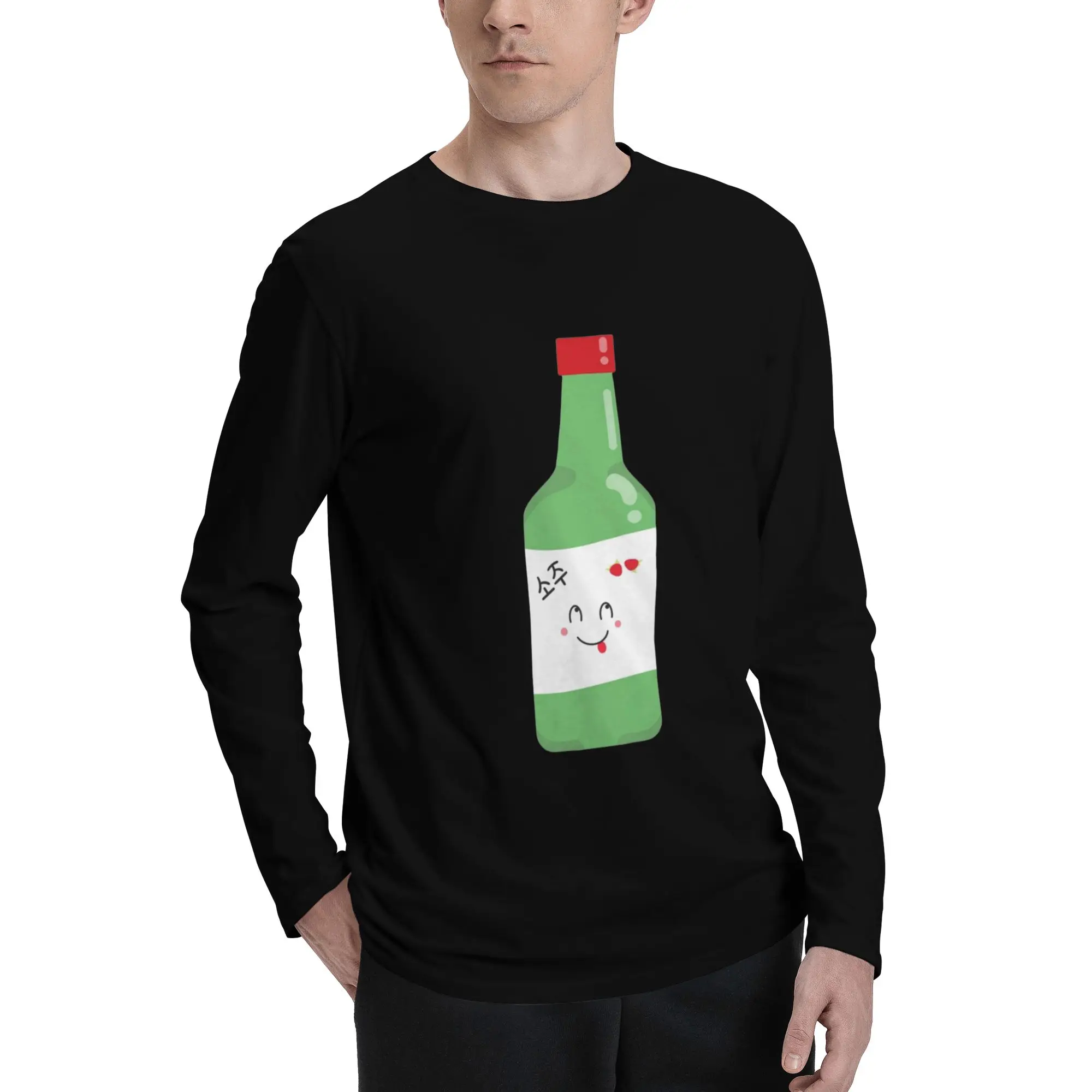 Męska koszulka z długim rękawem Soju, modna koszulka z okrągłym dekoltem, męskie topy na wiosnę i jesień.