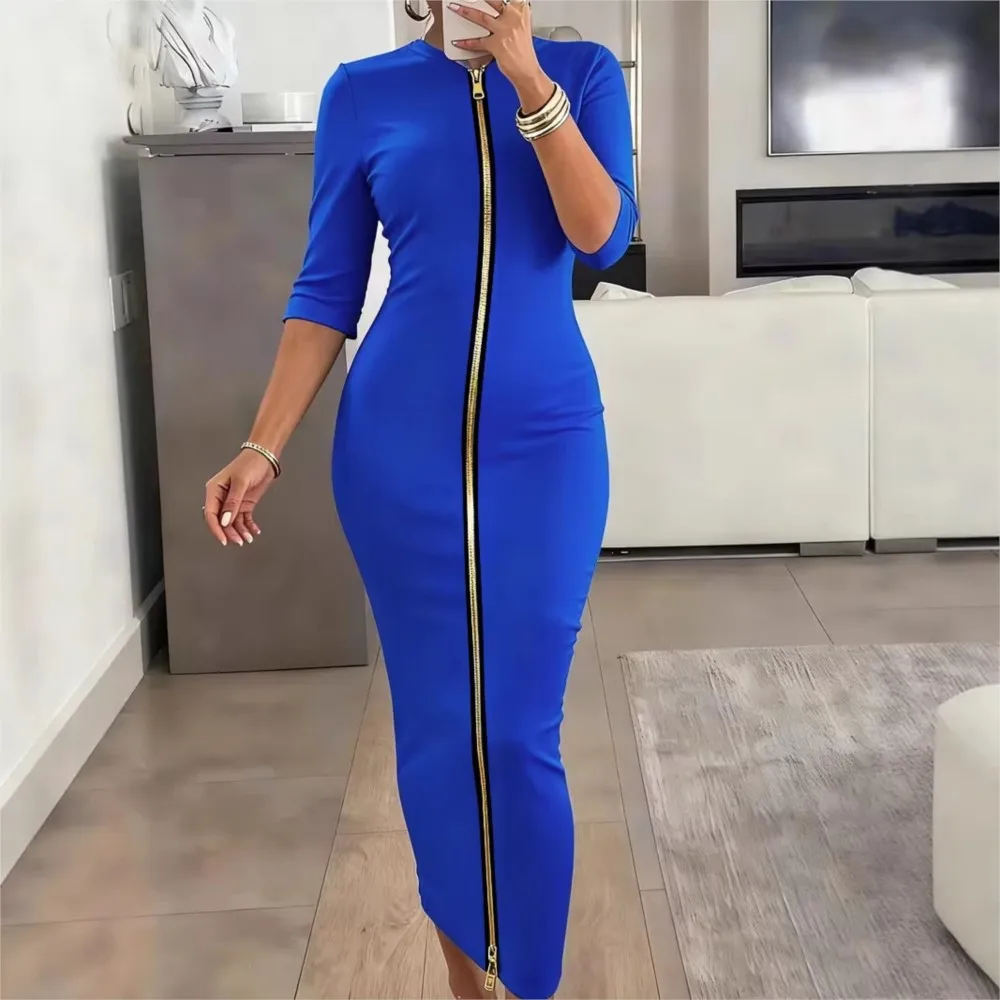 Women's Sexy Waist Bag Hips Skirt Spring  Autumn Solid Color Fashionable Zipper Mid-sleeve Female Slim Fit One-step Dresses 2026