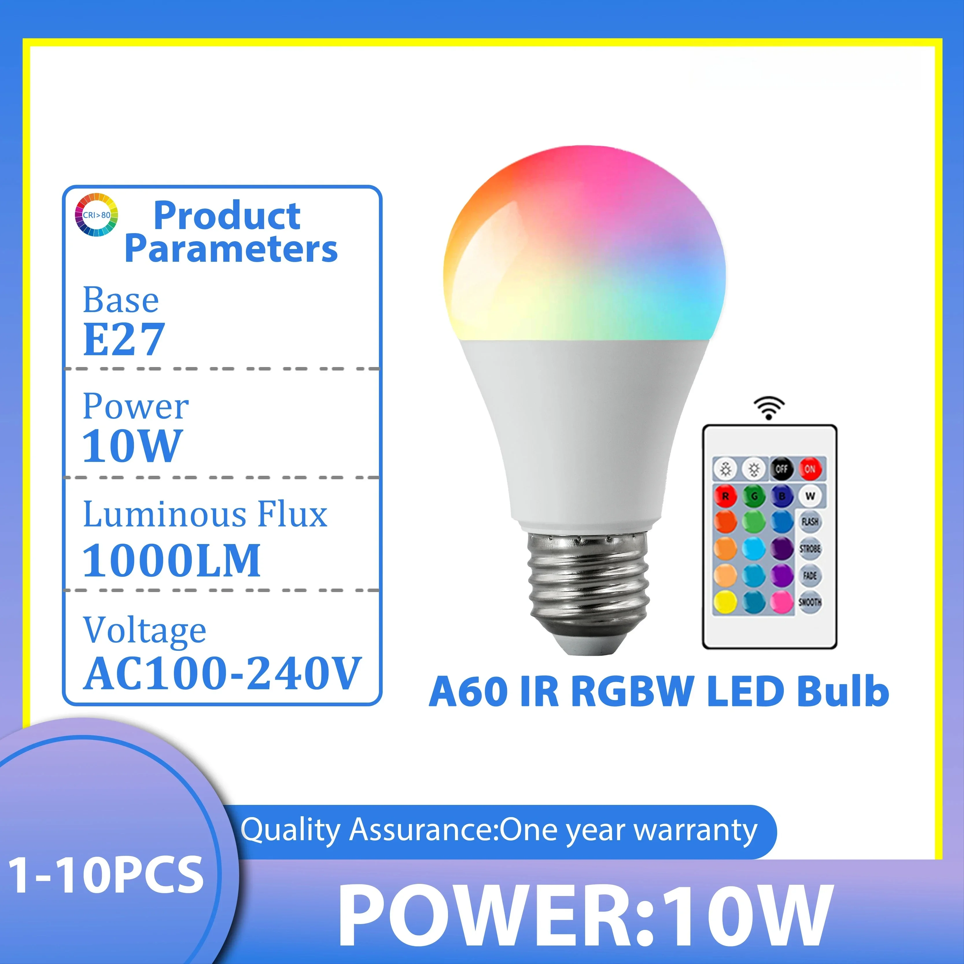 

1-10PCS A60 10W RGB LED Bulb E27 220V 110V Dimmable Color Changing Light 24 Key Remote Control Lamp for Home Bedroom Decor