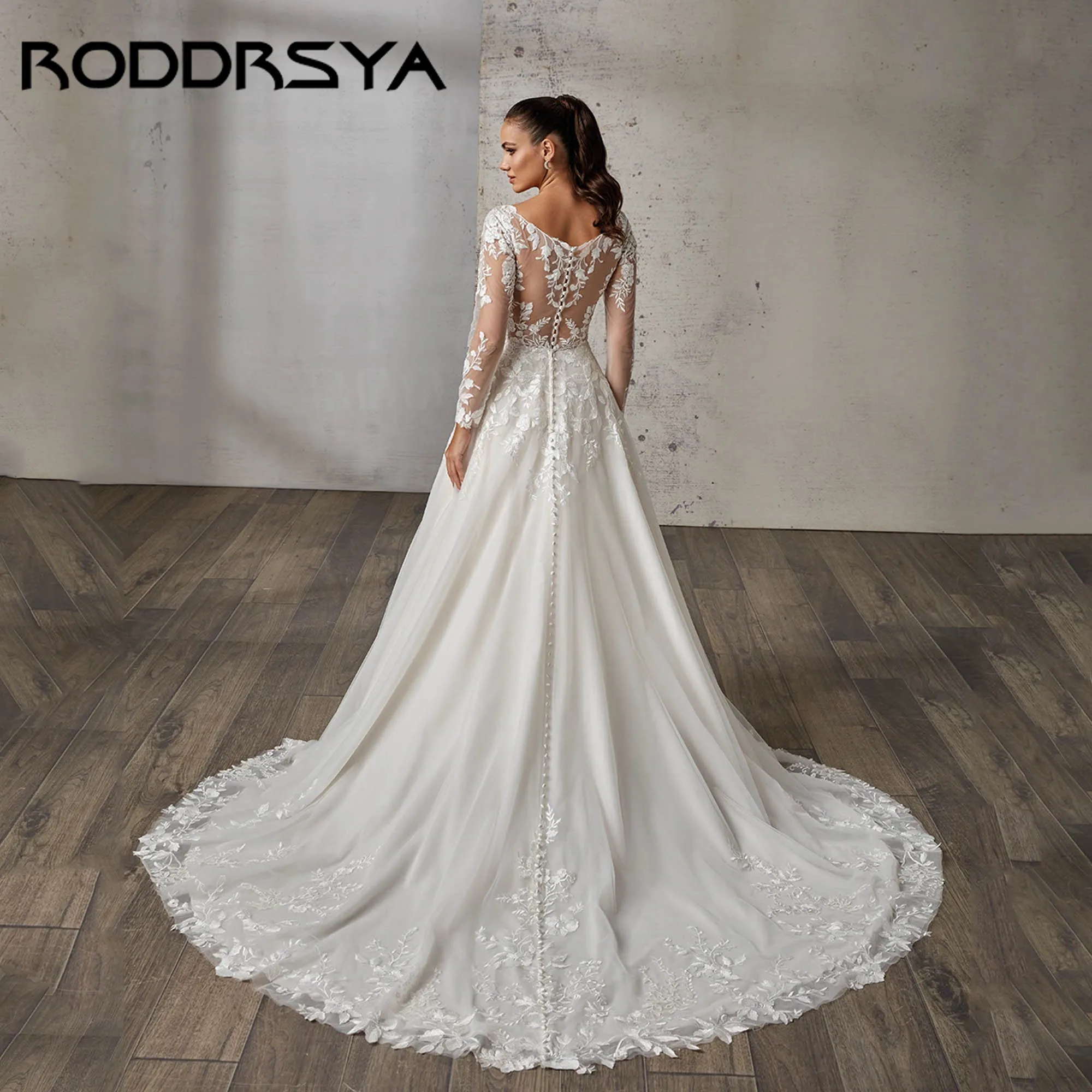 

RODDRSYA Dreamy A-line Wedding Dress With Long Sleeves Illusion Back Bridal Gowns V-neck Appliques vestidos de novia Customized