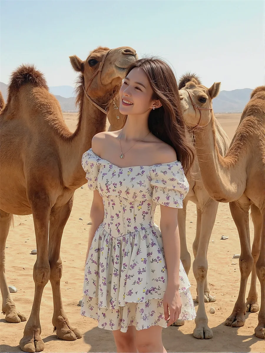 女性用 ホワイトドレス 女性 花柄 ドレープ Aライン エンパイアウエスト シフォン ティアード レイヤード ボールガウン ファンシー イブニングパーティー 結婚式