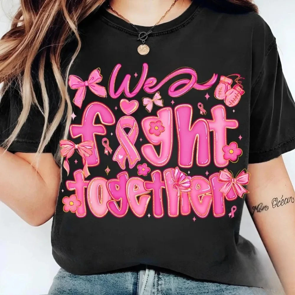 

Breast Cancer We Fight Together Tops in October We Wear Pink Tee Women Crewneck Cotton Short Sleeve Daily Life Casual Streetwear