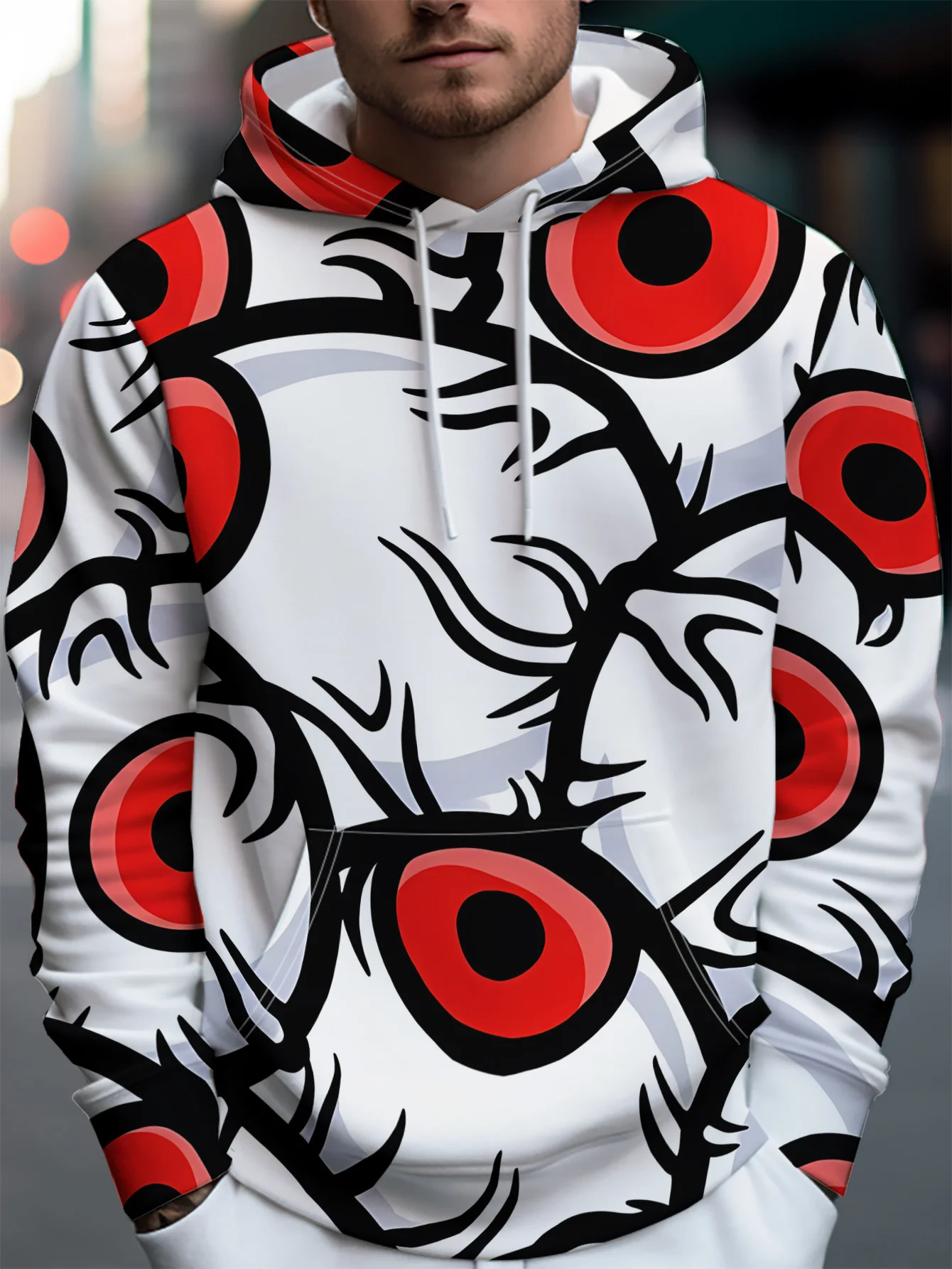 Men White Base Red Black Cartoon Eye Horror Abstract 3D All Over Print Hoodie Trendy Street Graphic Casual Sweatshirt