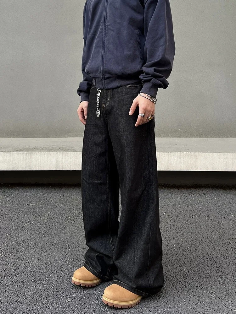 

Retro American Faion Simple Bla Waed Jeans Men Spring Autumn Design Loose Straight Leg Micro Flare Long Pants